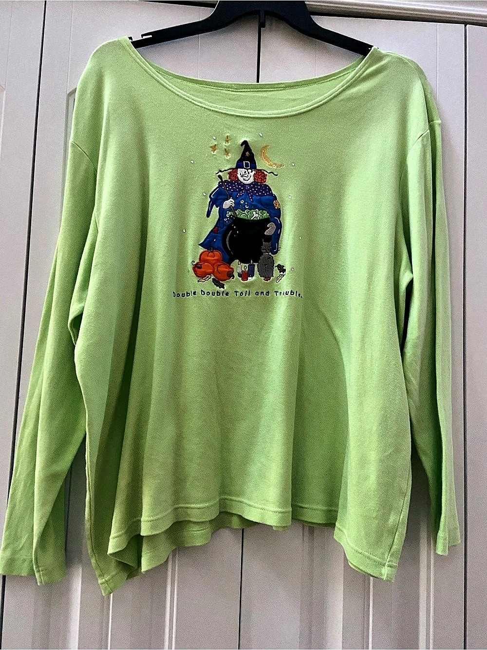 Quacker Factory Halloween Witch Cauldron Embroidered Top Lime Green 3X Plus